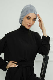 Pleated Instant Turban made from High Quality Combed Cotton, Comfortable Pre-Tied Turban Hijab, Flexible Chemo Cancer Bonnet Headwear,B-74 Grey 2