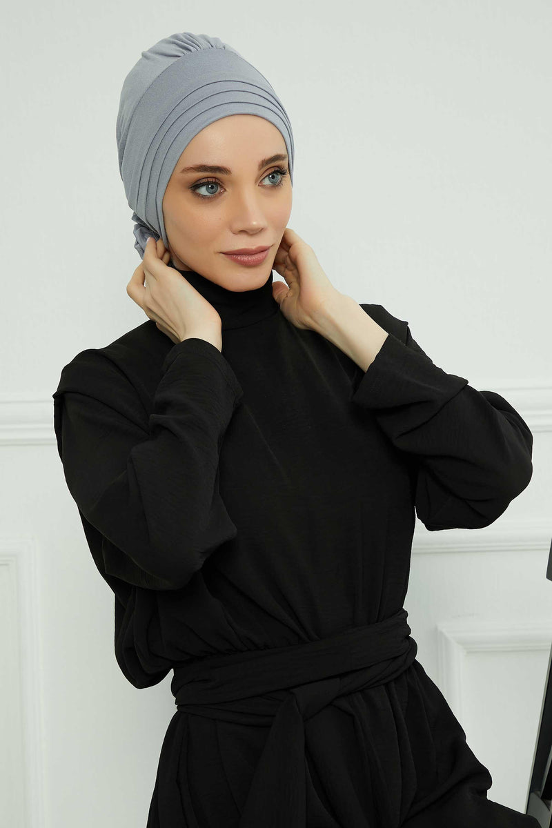 Pleated Instant Turban made from High Quality Combed Cotton, Comfortable Pre-Tied Turban Hijab, Flexible Chemo Cancer Bonnet Headwear,B-74 Grey 2