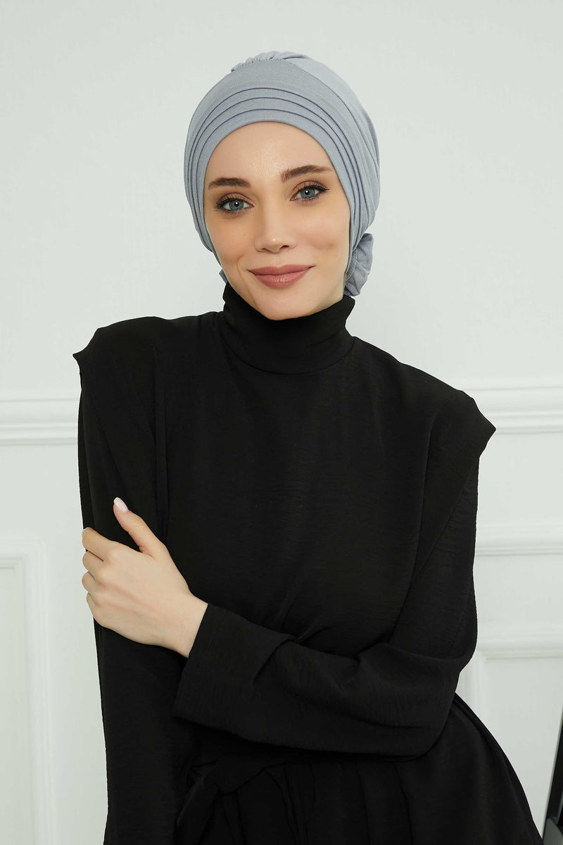 Pleated Instant Turban made from High Quality Combed Cotton, Comfortable Pre-Tied Turban Hijab, Flexible Chemo Cancer Bonnet Headwear,B-74 Grey 2
