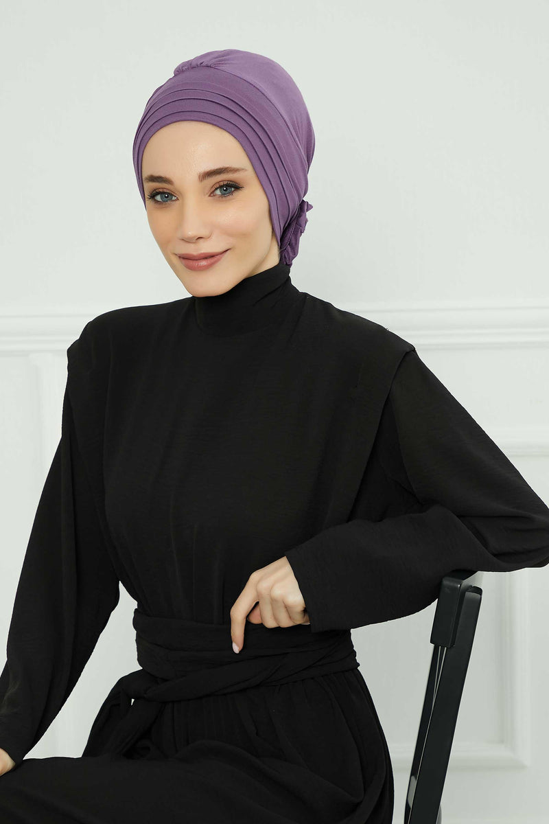 Pleated Instant Turban made from High Quality Combed Cotton, Comfortable Pre-Tied Turban Hijab, Flexible Chemo Cancer Bonnet Headwear,B-74 Purple 2