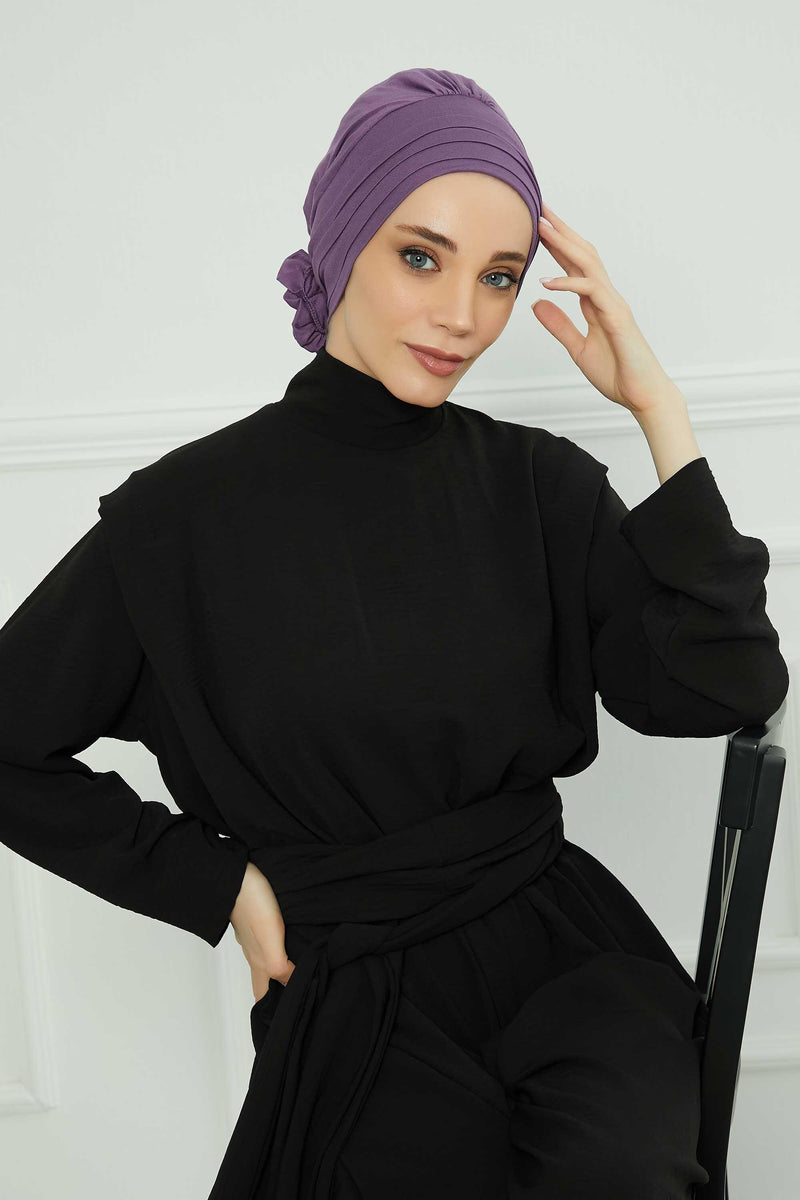 Pleated Instant Turban made from High Quality Combed Cotton, Comfortable Pre-Tied Turban Hijab, Flexible Chemo Cancer Bonnet Headwear,B-74 Purple 2