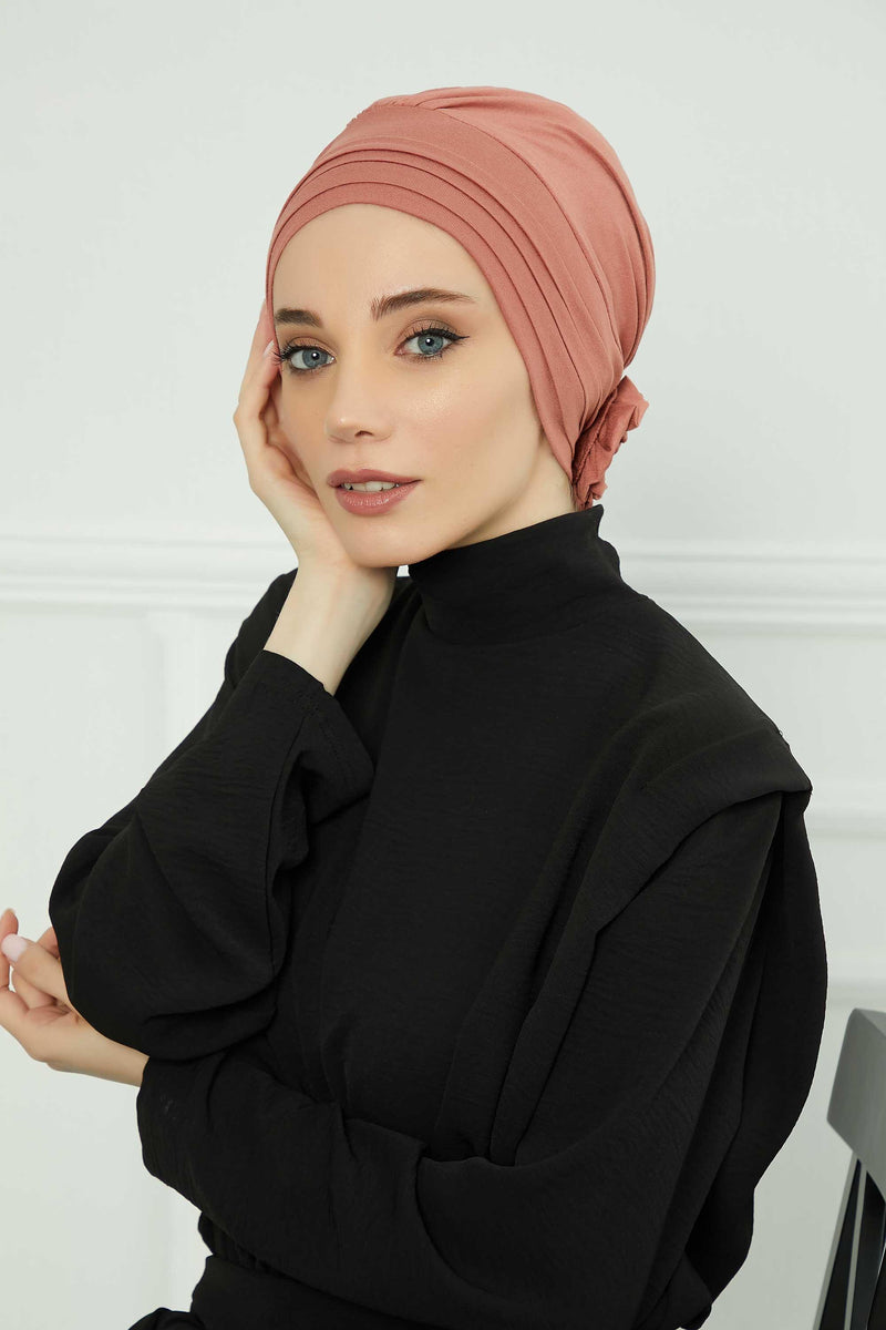 Pleated Instant Turban made from High Quality Combed Cotton, Comfortable Pre-Tied Turban Hijab, Flexible Chemo Cancer Bonnet Headwear,B-74 Salmon