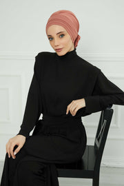 Pleated Instant Turban made from High Quality Combed Cotton, Comfortable Pre-Tied Turban Hijab, Flexible Chemo Cancer Bonnet Headwear,B-74 Salmon