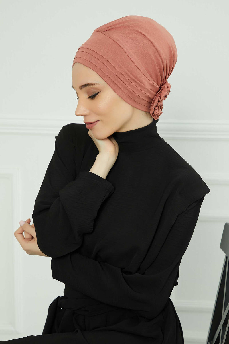 Pleated Instant Turban made from High Quality Combed Cotton, Comfortable Pre-Tied Turban Hijab, Flexible Chemo Cancer Bonnet Headwear,B-74 Salmon