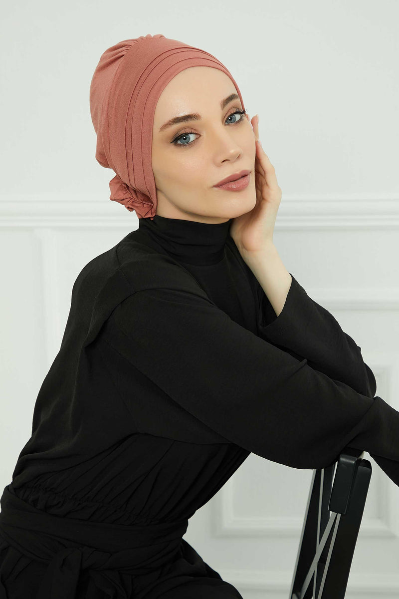 Pleated Instant Turban made from High Quality Combed Cotton, Comfortable Pre-Tied Turban Hijab, Flexible Chemo Cancer Bonnet Headwear,B-74 Salmon
