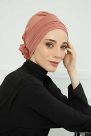 Pleated Instant Turban made from High Quality Combed Cotton, Comfortable Pre-Tied Turban Hijab, Flexible Chemo Cancer Bonnet Headwear,B-74 Salmon