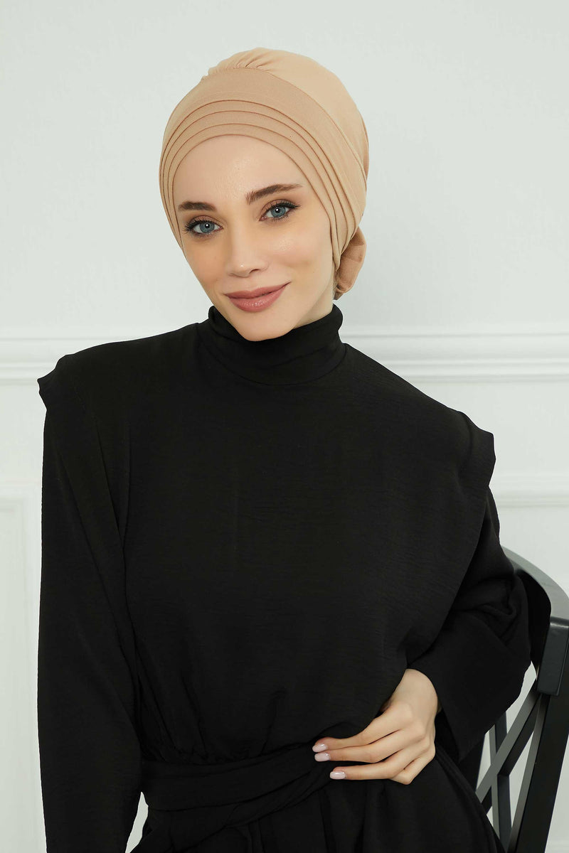 Pleated Instant Turban made from High Quality Combed Cotton, Comfortable Pre-Tied Turban Hijab, Flexible Chemo Cancer Bonnet Headwear,B-74 Sand Brown
