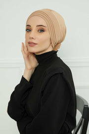 Pleated Instant Turban made from High Quality Combed Cotton, Comfortable Pre-Tied Turban Hijab, Flexible Chemo Cancer Bonnet Headwear,B-74 Sand Brown