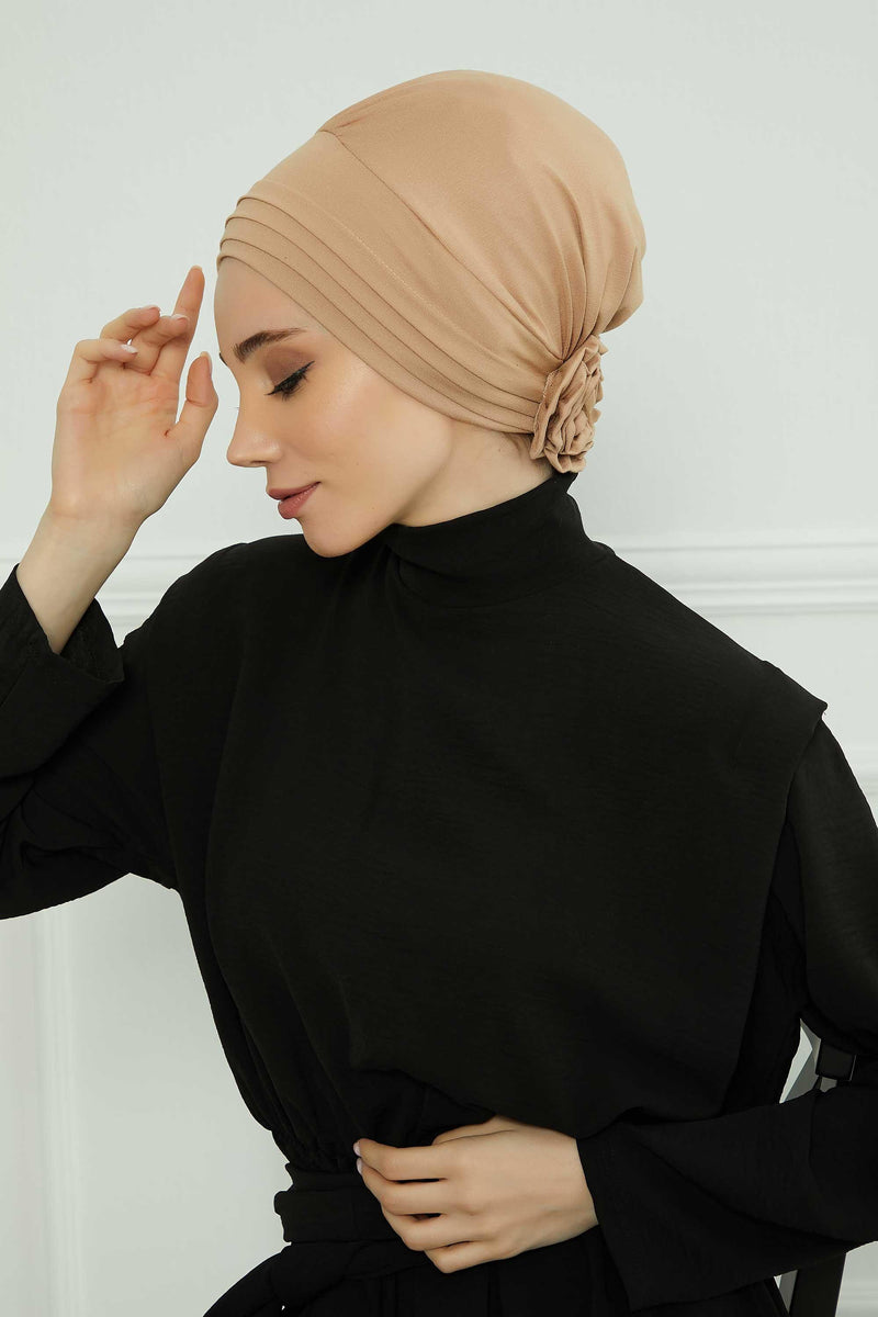 Pleated Instant Turban made from High Quality Combed Cotton, Comfortable Pre-Tied Turban Hijab, Flexible Chemo Cancer Bonnet Headwear,B-74 Sand Brown
