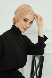 Pleated Instant Turban made from High Quality Combed Cotton, Comfortable Pre-Tied Turban Hijab, Flexible Chemo Cancer Bonnet Headwear,B-74 Sand Brown