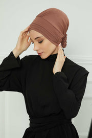 Pleated Instant Turban made from High Quality Combed Cotton, Comfortable Pre-Tied Turban Hijab, Flexible Chemo Cancer Bonnet Headwear,B-74 Caramel Brown