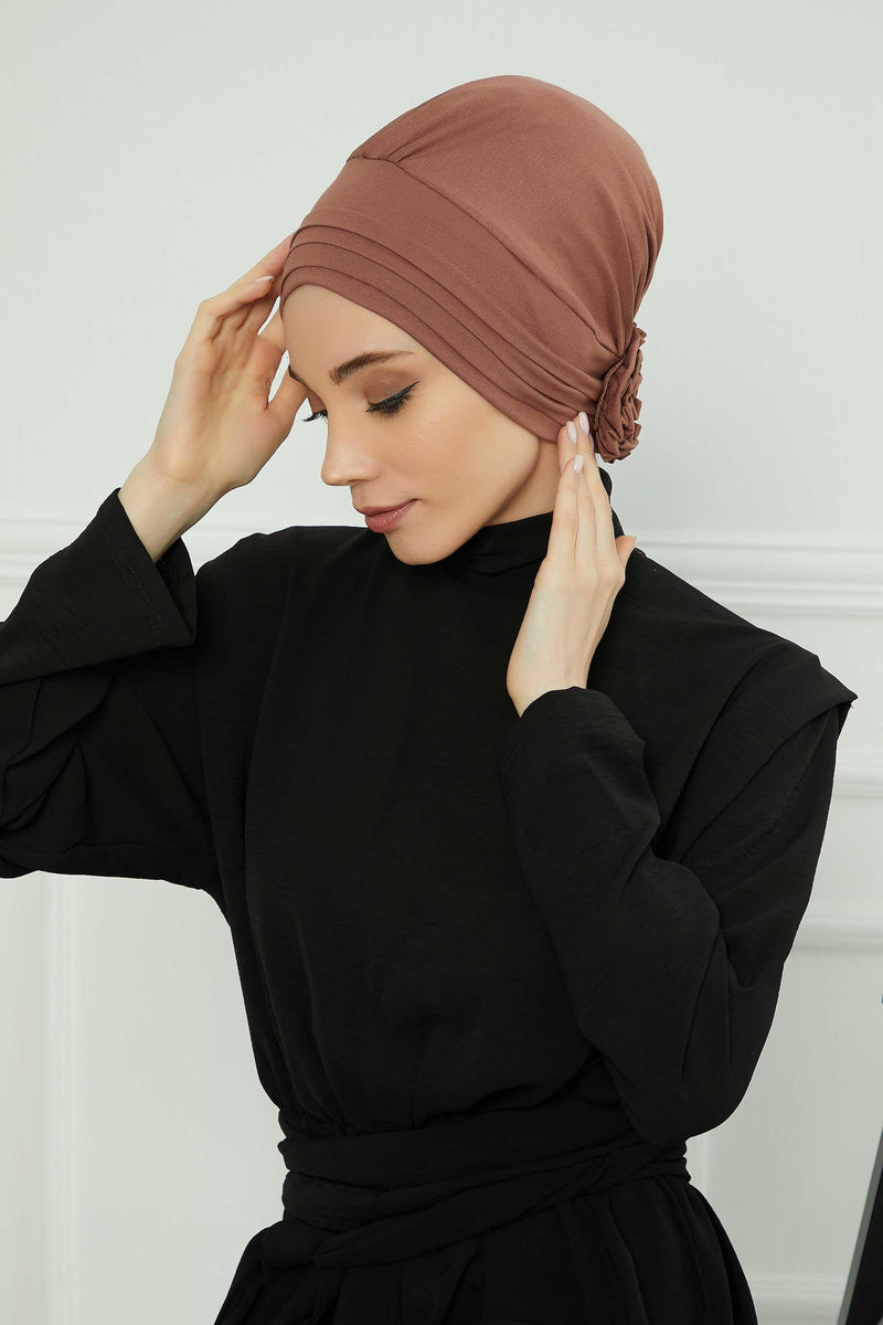 Pleated Instant Turban made from High Quality Combed Cotton, Comfortable Pre-Tied Turban Hijab, Flexible Chemo Cancer Bonnet Headwear,B-74 Caramel Brown