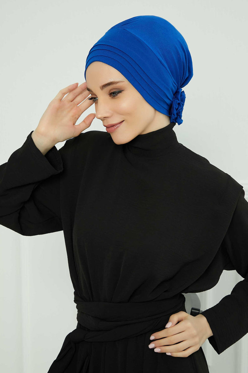Pleated Instant Turban made from High Quality Combed Cotton, Comfortable Pre-Tied Turban Hijab, Flexible Chemo Cancer Bonnet Headwear,B-74 Sax Blue
