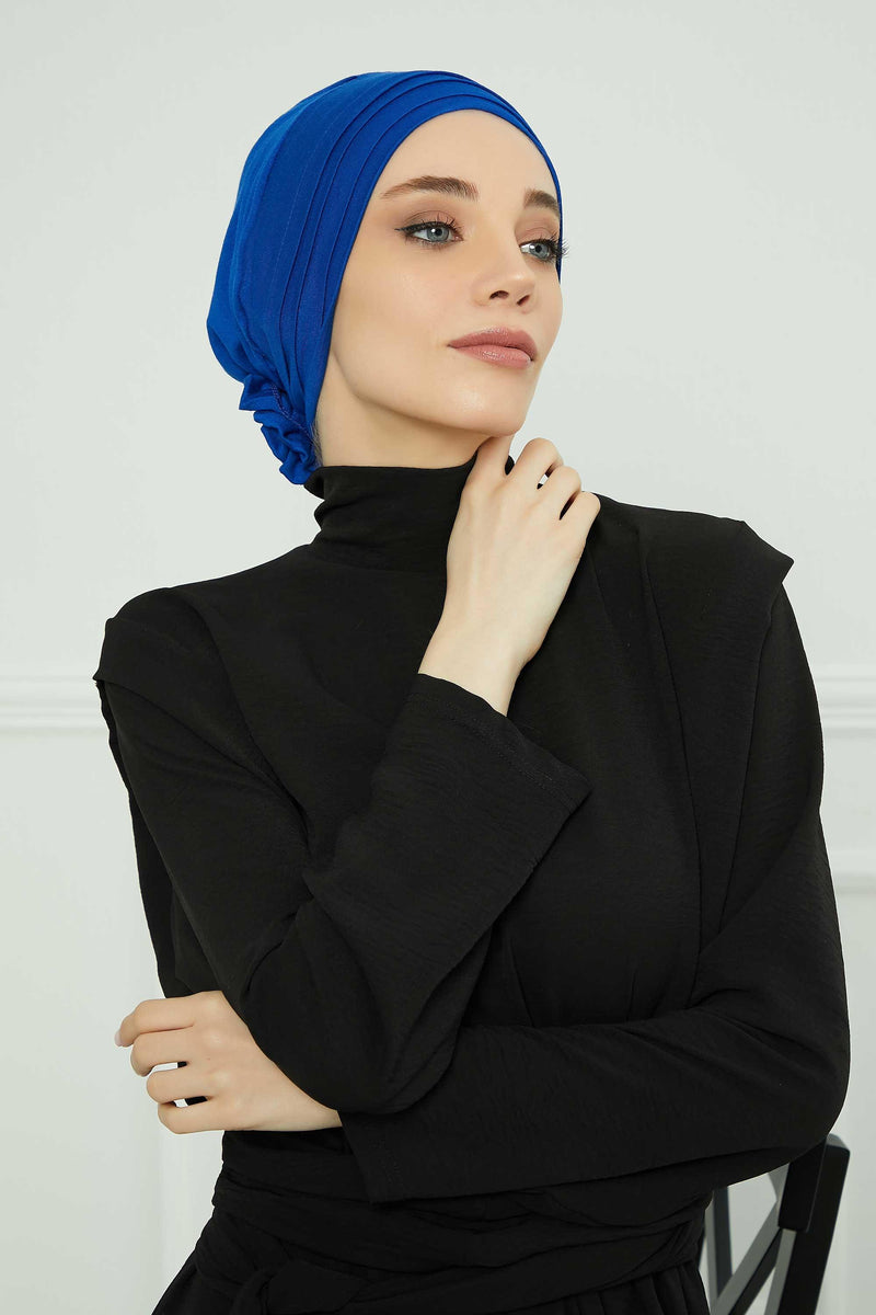 Pleated Instant Turban made from High Quality Combed Cotton, Comfortable Pre-Tied Turban Hijab, Flexible Chemo Cancer Bonnet Headwear,B-74 Sax Blue