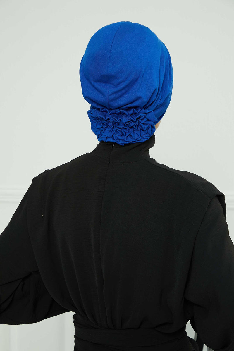 Pleated Instant Turban made from High Quality Combed Cotton, Comfortable Pre-Tied Turban Hijab, Flexible Chemo Cancer Bonnet Headwear,B-74 Sax Blue