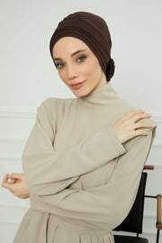 Pleated Instant Turban made from High Quality Combed Cotton, Comfortable Pre-Tied Turban Hijab, Flexible Chemo Cancer Bonnet Headwear,B-74 Brown