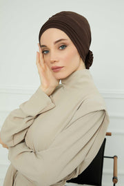Pleated Instant Turban made from High Quality Combed Cotton, Comfortable Pre-Tied Turban Hijab, Flexible Chemo Cancer Bonnet Headwear,B-74 Brown