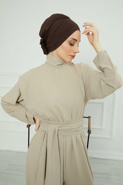 Pleated Instant Turban made from High Quality Combed Cotton, Comfortable Pre-Tied Turban Hijab, Flexible Chemo Cancer Bonnet Headwear,B-74 Brown