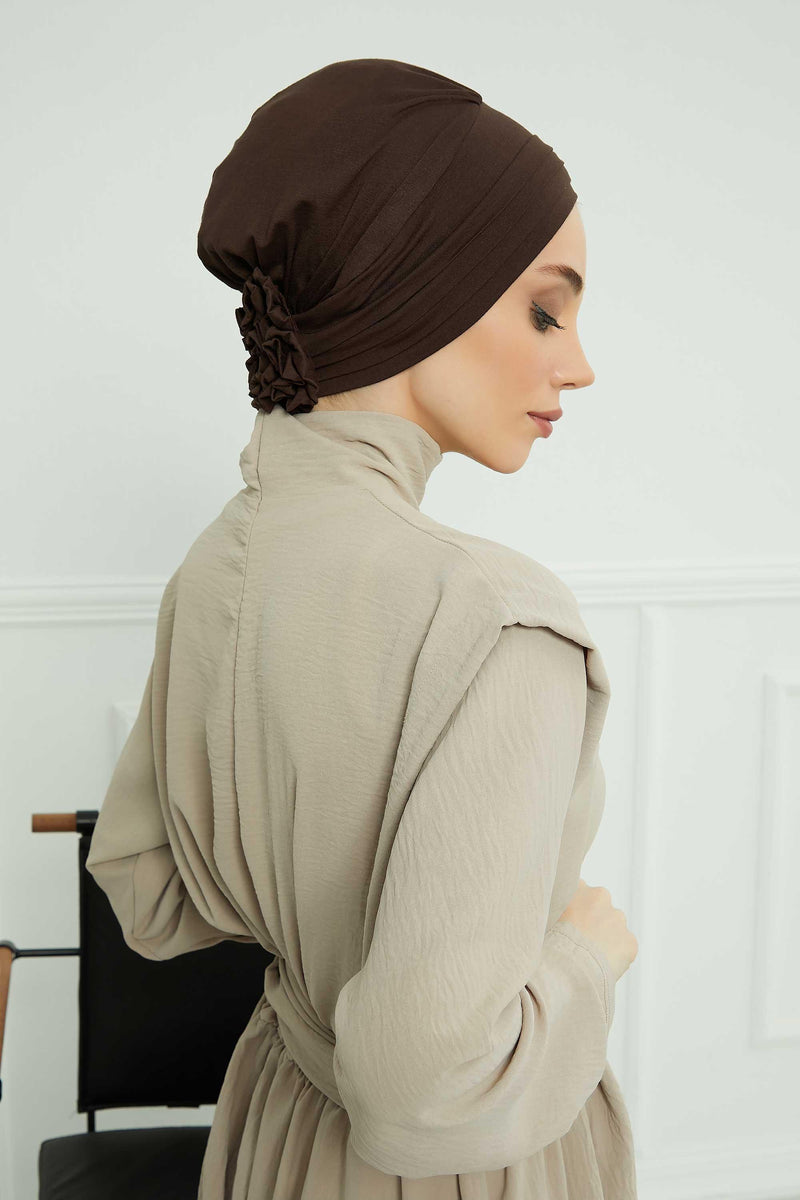 Pleated Instant Turban made from High Quality Combed Cotton, Comfortable Pre-Tied Turban Hijab, Flexible Chemo Cancer Bonnet Headwear,B-74 Brown