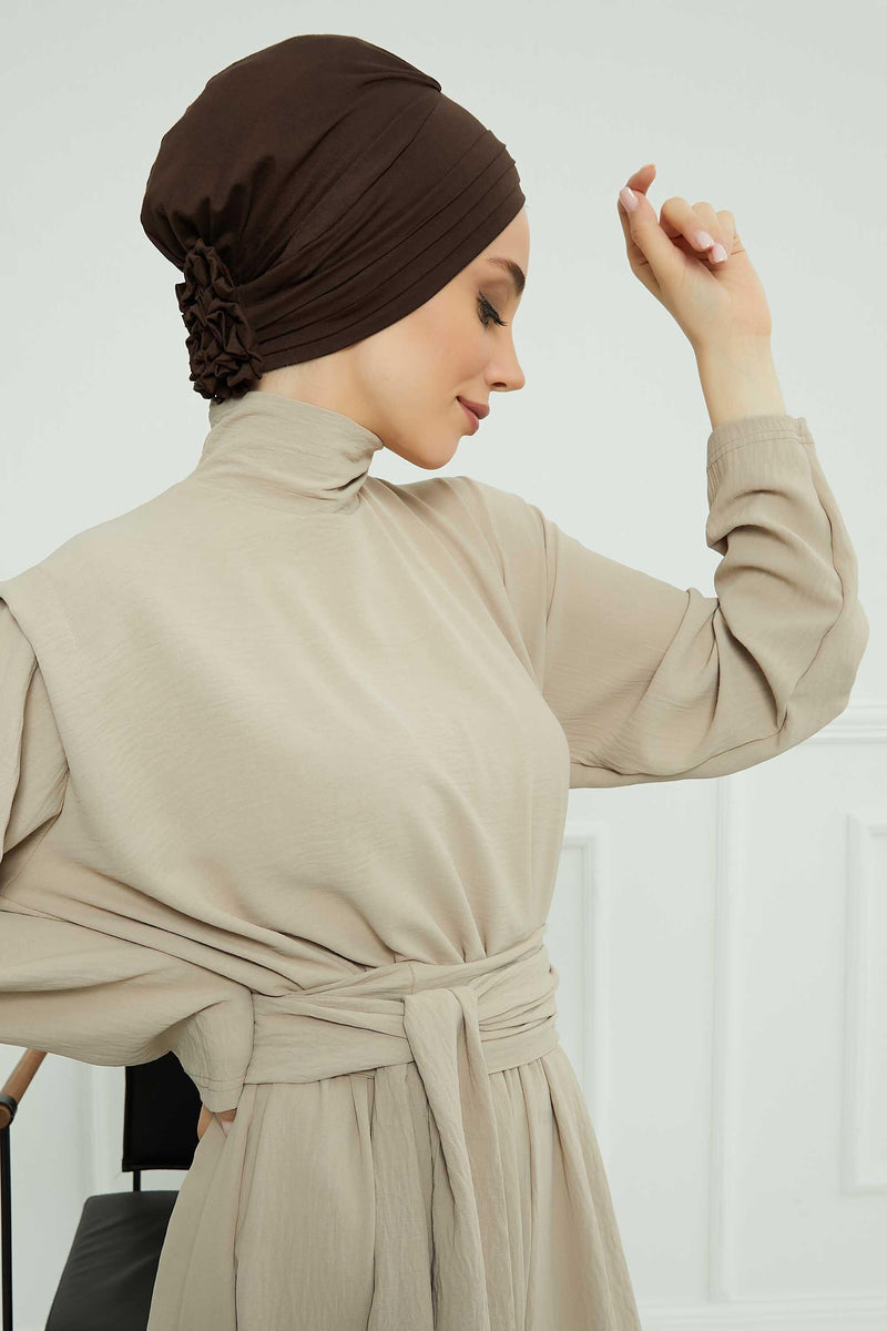 Pleated Instant Turban made from High Quality Combed Cotton, Comfortable Pre-Tied Turban Hijab, Flexible Chemo Cancer Bonnet Headwear,B-74 Brown