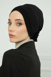 Pleated Instant Turban made from High Quality Combed Cotton, Comfortable Pre-Tied Turban Hijab, Flexible Chemo Cancer Bonnet Headwear,B-74 Black