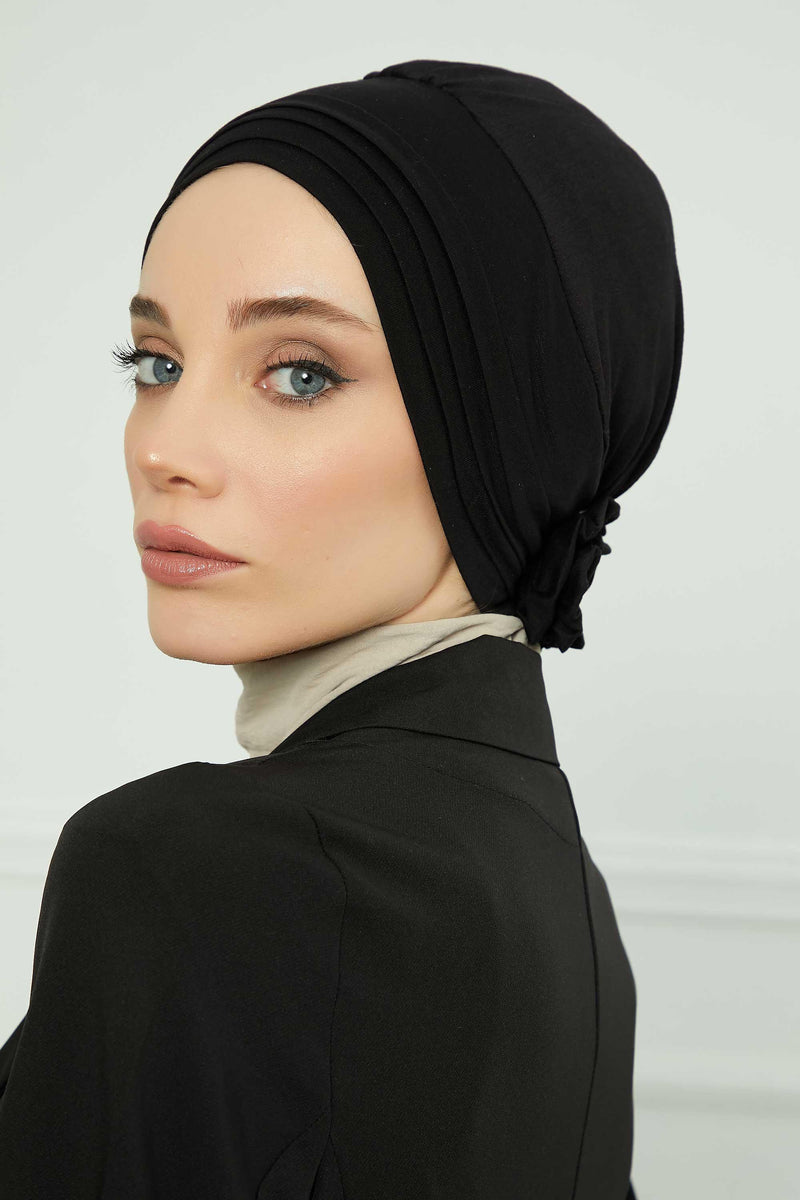 Pleated Instant Turban made from High Quality Combed Cotton, Comfortable Pre-Tied Turban Hijab, Flexible Chemo Cancer Bonnet Headwear,B-74 Black