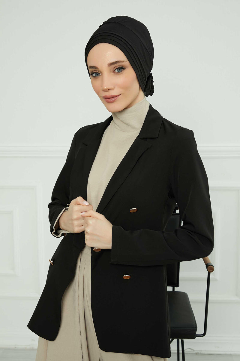 Pleated Instant Turban made from High Quality Combed Cotton, Comfortable Pre-Tied Turban Hijab, Flexible Chemo Cancer Bonnet Headwear,B-74 Black