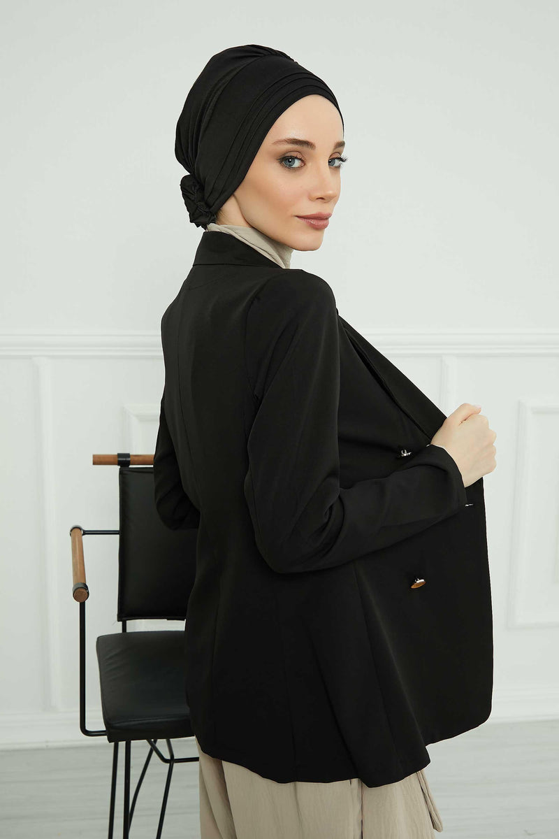 Pleated Instant Turban made from High Quality Combed Cotton, Comfortable Pre-Tied Turban Hijab, Flexible Chemo Cancer Bonnet Headwear,B-74 Black