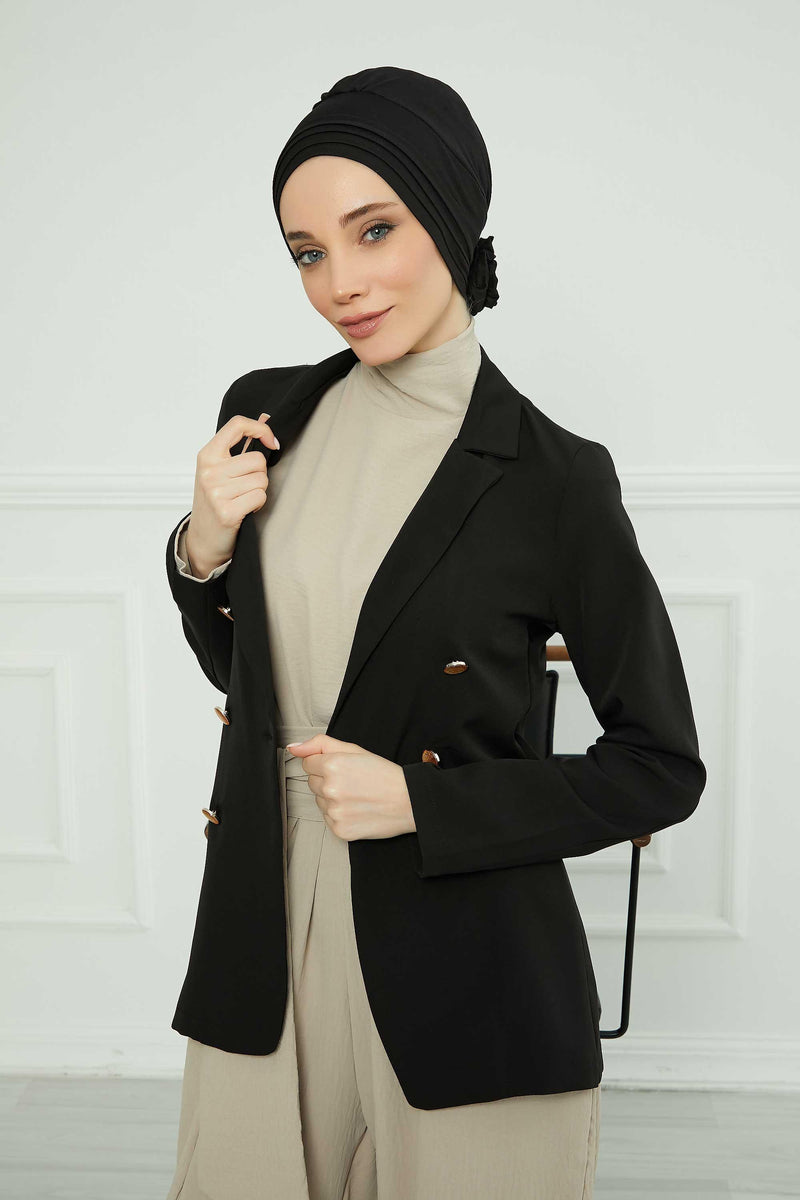 Pleated Instant Turban made from High Quality Combed Cotton, Comfortable Pre-Tied Turban Hijab, Flexible Chemo Cancer Bonnet Headwear,B-74 Black