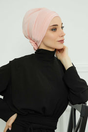 Pleated Instant Turban made from High Quality Combed Cotton, Comfortable Pre-Tied Turban Hijab, Flexible Chemo Cancer Bonnet Headwear,B-74 Powder