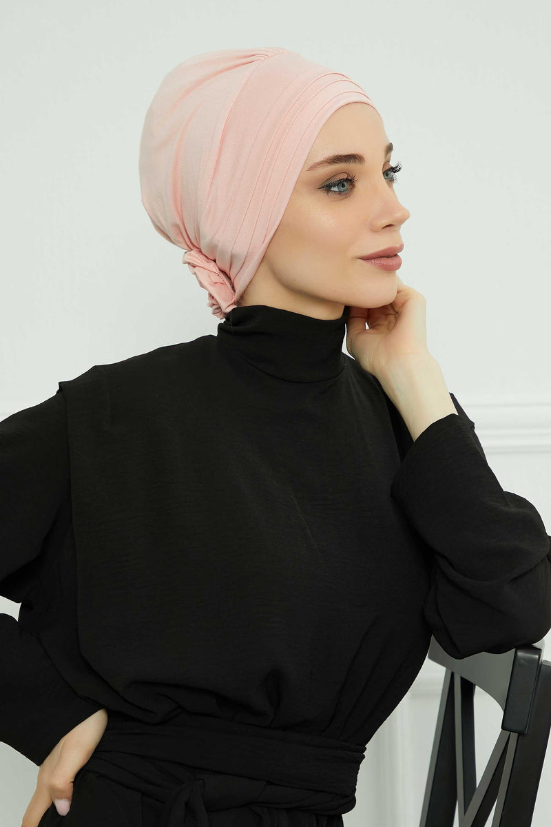 Pleated Instant Turban made from High Quality Combed Cotton, Comfortable Pre-Tied Turban Hijab, Flexible Chemo Cancer Bonnet Headwear,B-74 Powder