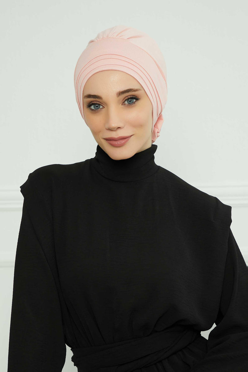 Pleated Instant Turban made from High Quality Combed Cotton, Comfortable Pre-Tied Turban Hijab, Flexible Chemo Cancer Bonnet Headwear,B-74 Powder