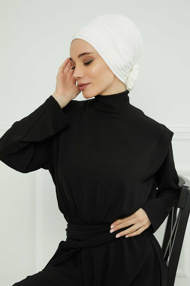 Pleated Instant Turban made from High Quality Combed Cotton, Comfortable Pre-Tied Turban Hijab, Flexible Chemo Cancer Bonnet Headwear,B-74 Ivory