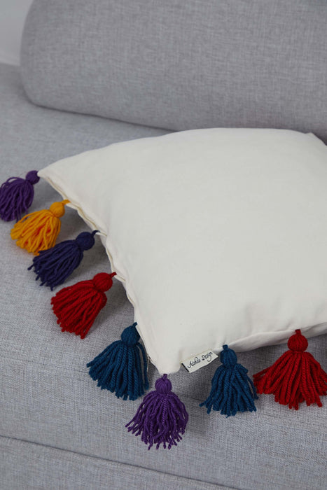 Boho Tasseled Throw Pillow Cover made from Knit Fabric, 18x18 Inches Elegant Throw Pillow Cover with Colourful Tassels on the Edges,K-280