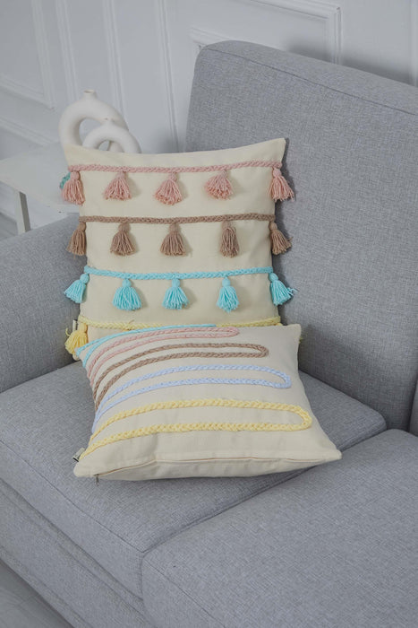 Boho Decorative Throw Pillow Cover with Plenty of Colourful Tassels, 18x18 Inches Chic Couch Pillowcase for Modern Living Room Design,K-282