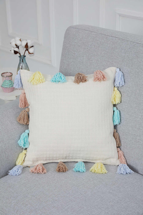 Solid Throw Pillow Cover with Colourful Tassels, 18x18 Inches Chic Cushion Cover with Many Tassels, Decorative Pillow for Modern Homes,K-284