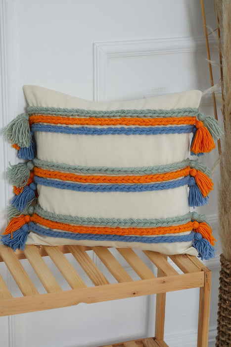 Canvas Throw Pillow Cover with Colourful Knitted Tassels, 18x18 Inches Stylish Cushion Cover for Modern Home Decorations,K-287