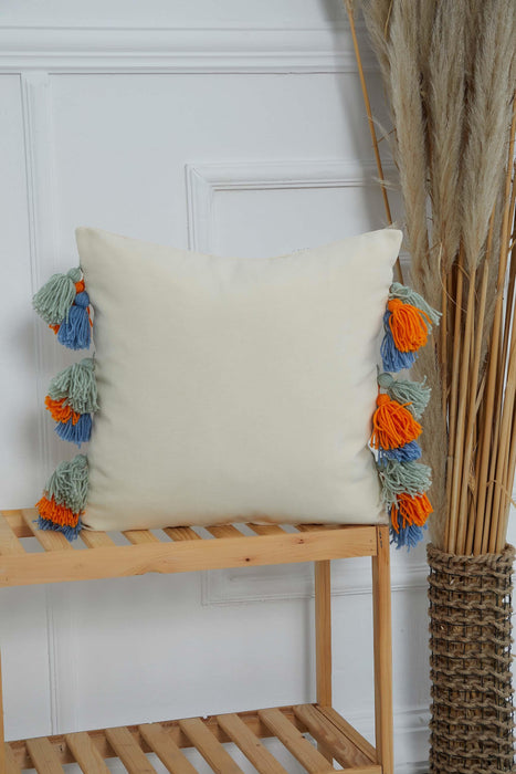 Canvas Throw Pillow Cover with Colourful Knitted Tassels, 18x18 Inches Stylish Cushion Cover for Modern Home Decorations,K-287