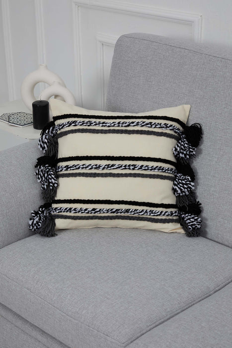 Handicraft Canvas Throw Pillow Cover with Knitted Tassels, 18x18 Inches Cushion Cover for Modern Living Rooms, Stylish Pillow Cover,K-288