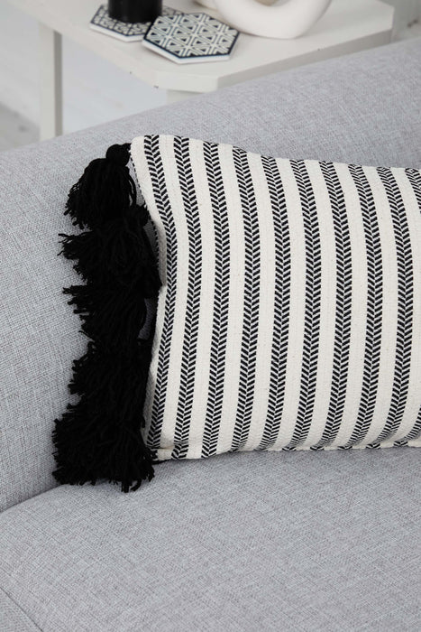 Black Tasseled Cotton Pillow Cover with Striped Design, 20x12 Inches Decorative Cushion Cover made with Anatolian Peshtemal Texture,K-292