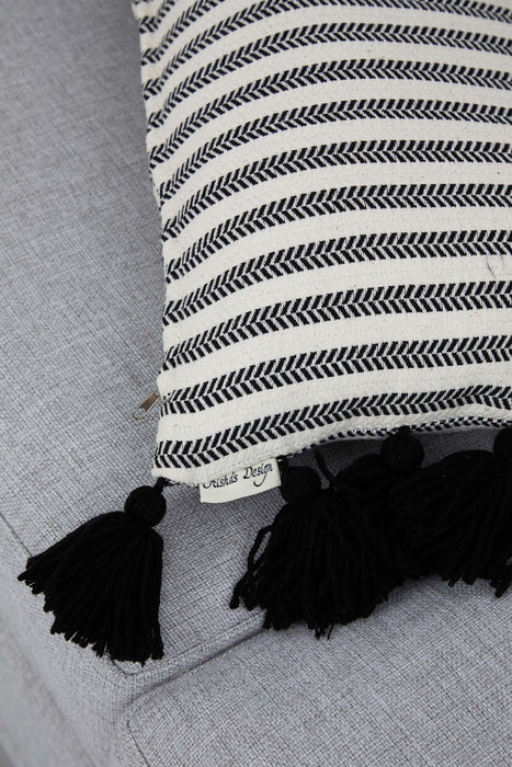 Black Tasseled Cotton Pillow Cover with Striped Design, 20x12 Inches Decorative Cushion Cover made with Anatolian Peshtemal Texture,K-292