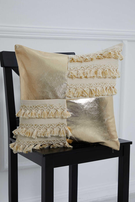 تصميم غطاء وسادة ذهبي أنيق مع شرابة وتفاصيل جلدية، غطاء وسادة فاخر مقاس 18 × 18 بوصة للمنازل الحديثة، K-293