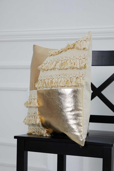 تصميم غطاء وسادة ذهبي أنيق مع شرابة وتفاصيل جلدية، غطاء وسادة فاخر مقاس 18 × 18 بوصة للمنازل الحديثة، K-293