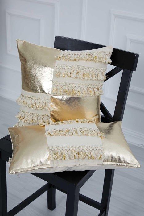 Elegant Gold Throw Pillow Cover Design with Tassel and Leather Details, 18x18 Inches Premium Throw Pillow Cover for Modern Homes,K-293