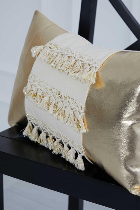 Luxury Gold Leather Throw Pillow Cover with Beautiful Tassel Details, 20x12 Inches Modern Gold Cushion Decoration for Interior Designs,K-294