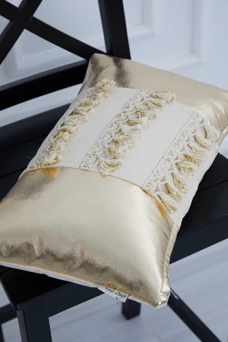 Luxury Gold Leather Throw Pillow Cover with Beautiful Tassel Details, 20x12 Inches Modern Gold Cushion Decoration for Interior Designs,K-294