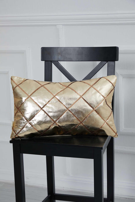 Linen and Faux Leather Throw Pillow Cover with Gold Sequins, 20x12 Inches Gold Colour Sequined Quilted Cushion Cover for Modern Decors,K-295