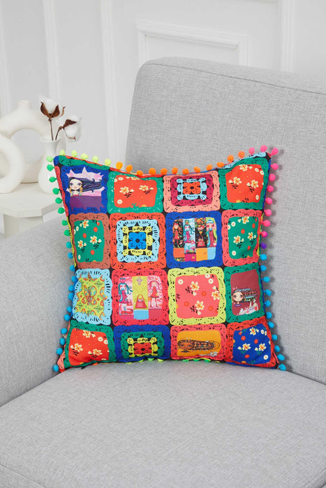 Boho Printed Throw Pillow Cover with Colourful Pom-poms, 18x18 Inches Digital Printed Rainbow Cushion Cover for Housewarming Gift,K-296