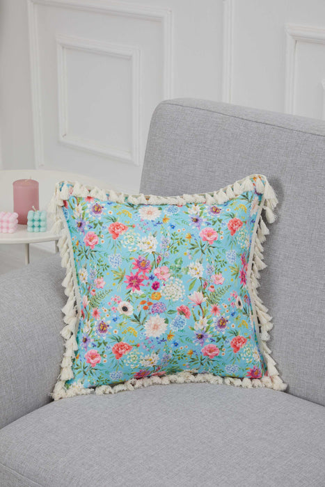 Floral Printed Throw Pillow Cover with Tassels, 18x18 Inches Polyester Cushion Covers for Elegant Home Decorations, Housewarming Gift,K-297