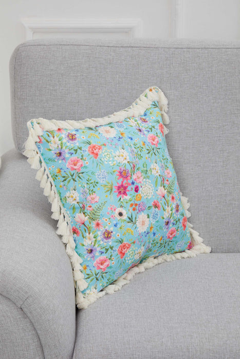 Floral Printed Throw Pillow Cover with Tassels, 18x18 Inches Polyester Cushion Covers for Elegant Home Decorations, Housewarming Gift,K-297